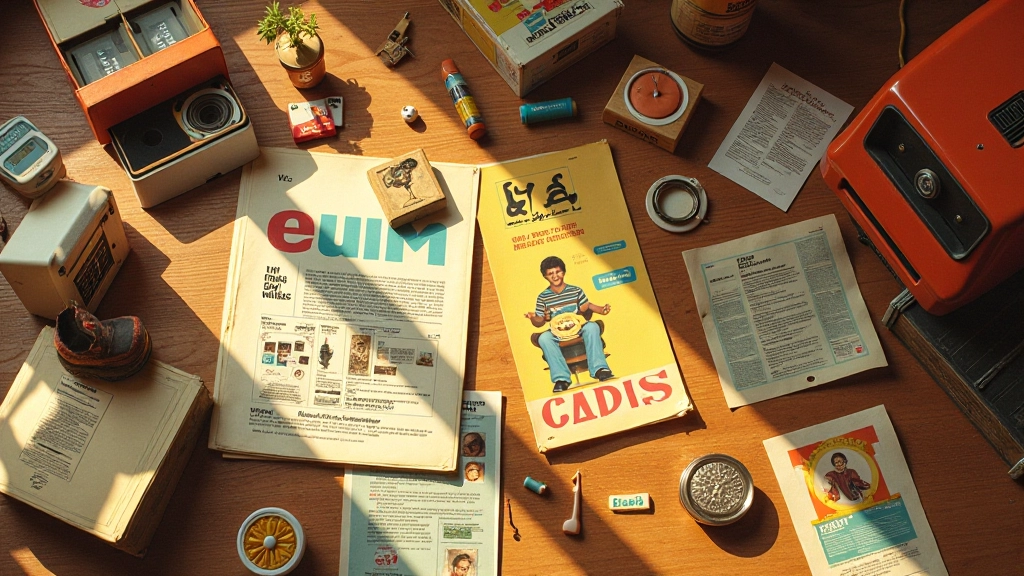 Collage von echten Vintage-Produkten, Plakaten und Designelementen aus den 70ern und 80ern mit echten Farben