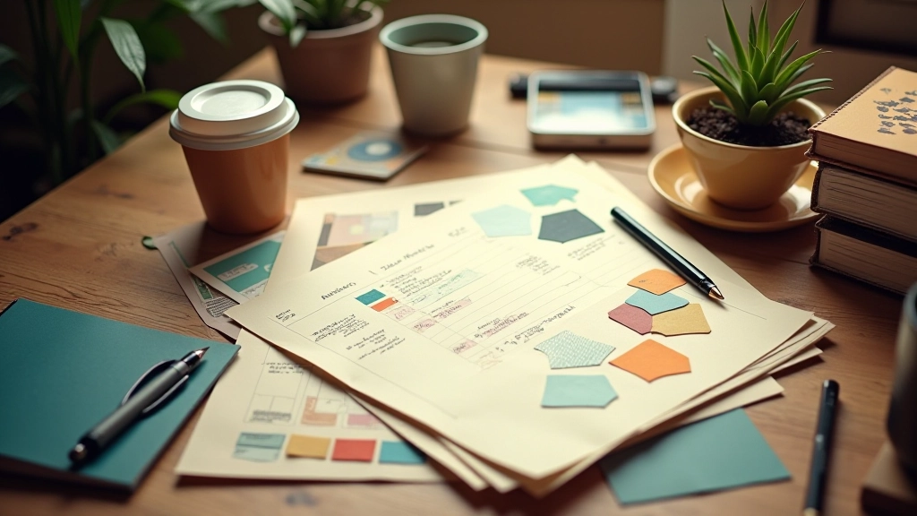 Designer arbeitet an Retro-Website, mehrere Farbmuster und Vintage-Designelemente auf dem Schreibtisch verteilt