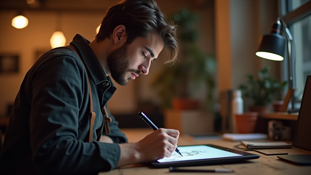 Designerin arbeitet an Vintage-Texturen auf ihrem Grafiktablett in Studio-Beleuchtung