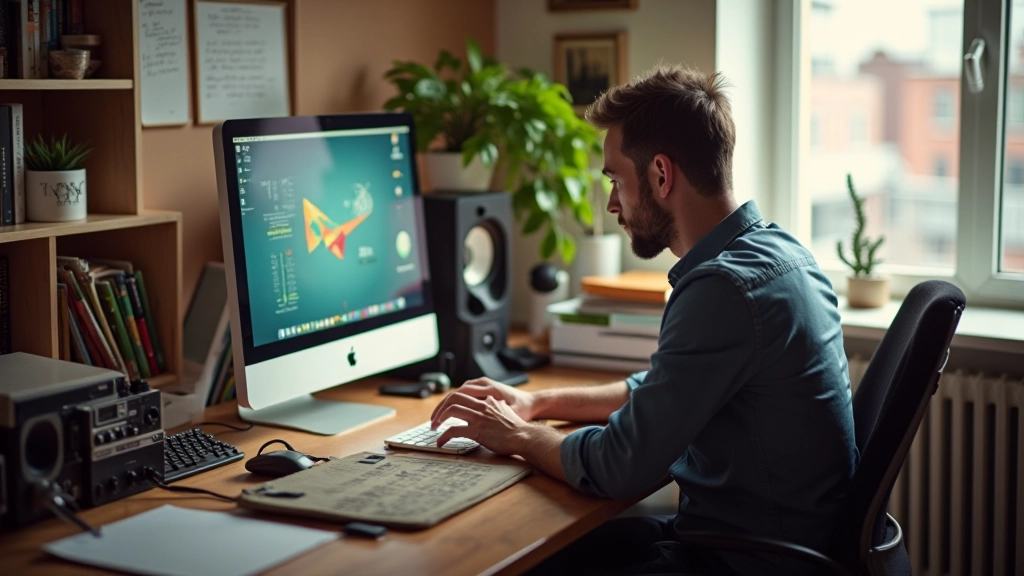 Designer arbeitet an Retro-Webdesign-Projekt mit modernen Werkzeugen