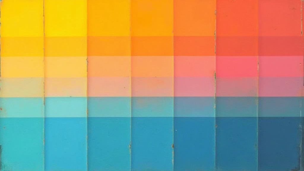 Farbmuster mit klassischen 80er Jahren Tönen, Gelb, Orange, Pink und Blau nebeneinander